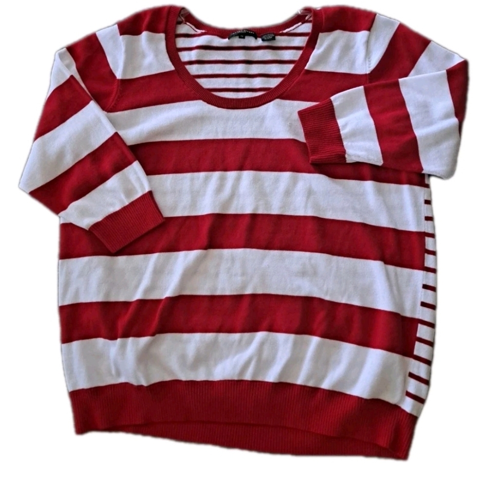 JEANNE PIERRE WOMAN red White Stripe Cotton Sweater 3/4 Sleeve 1X